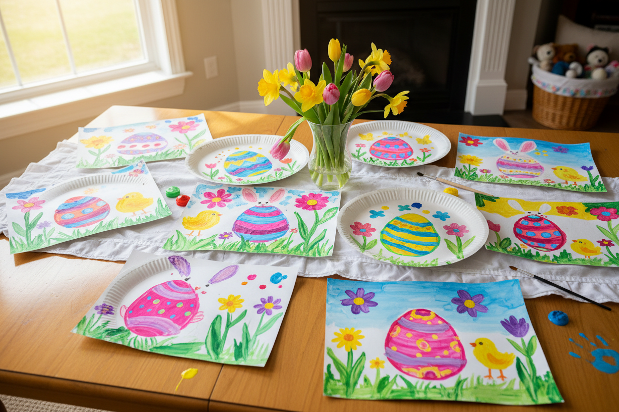 kids easter paintings on a table